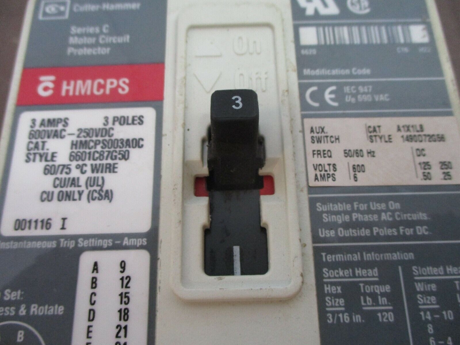 Cutler-Hammer / Westinghouse Circuit Breaker w/ Aux HMCP003A0C 3A 600V 3P Used