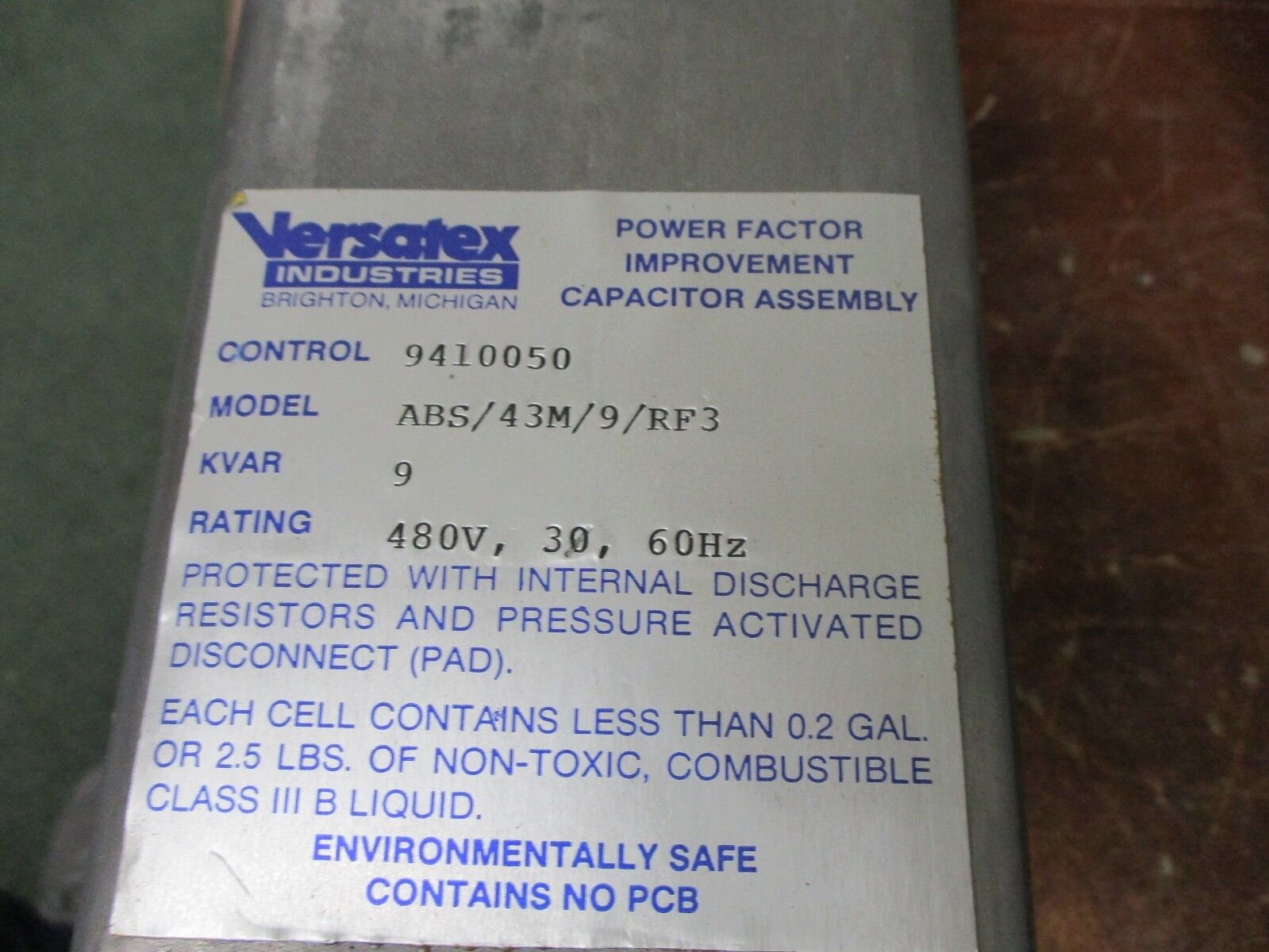 Versatex Power Factor Improvement Capacitor Assembly ABS/43M/9/RF3 9 KVAR 480V