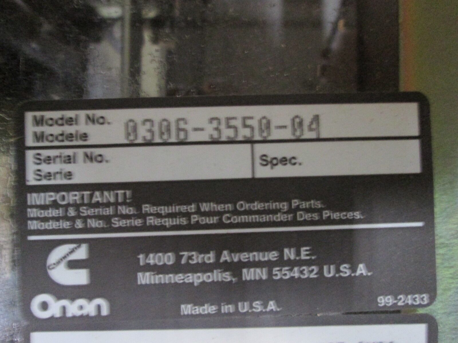 Onan Transfer Switch Assembly 306-3550-04 400A 120/240V 3Ph 4W New Surplus