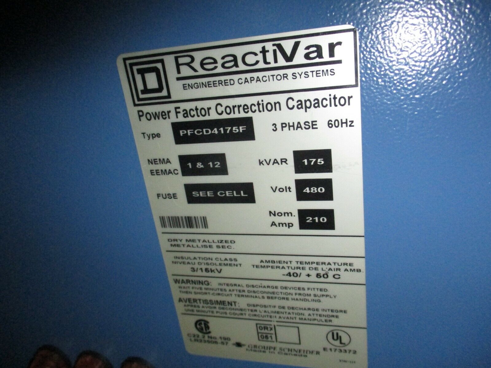 Square D ReactiVar Capacitor PFCD4175F 175kVAR 480V 3Ph 60Hz Nema / EEMAC: 1&12