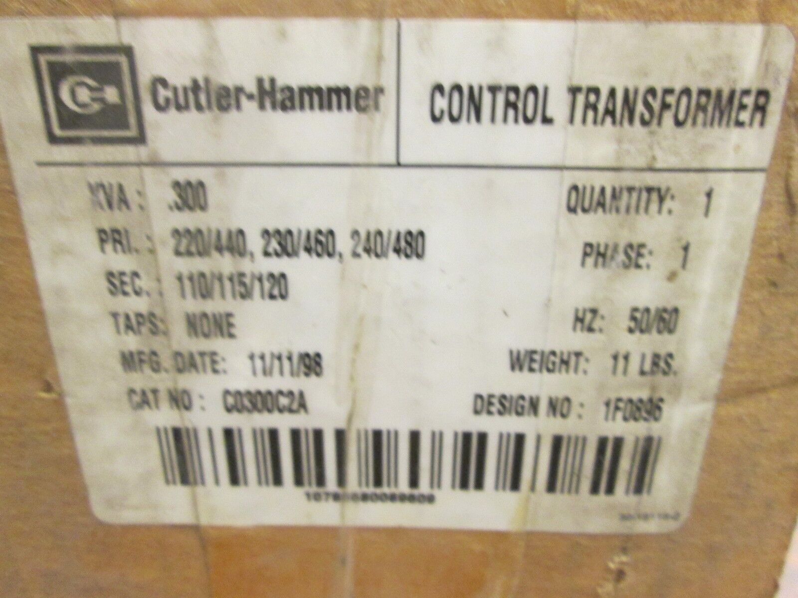 Cutler-Hammer Control Transformer C0300C2A 0.300KVA Pri:240/480 Sec:120V 1Ph