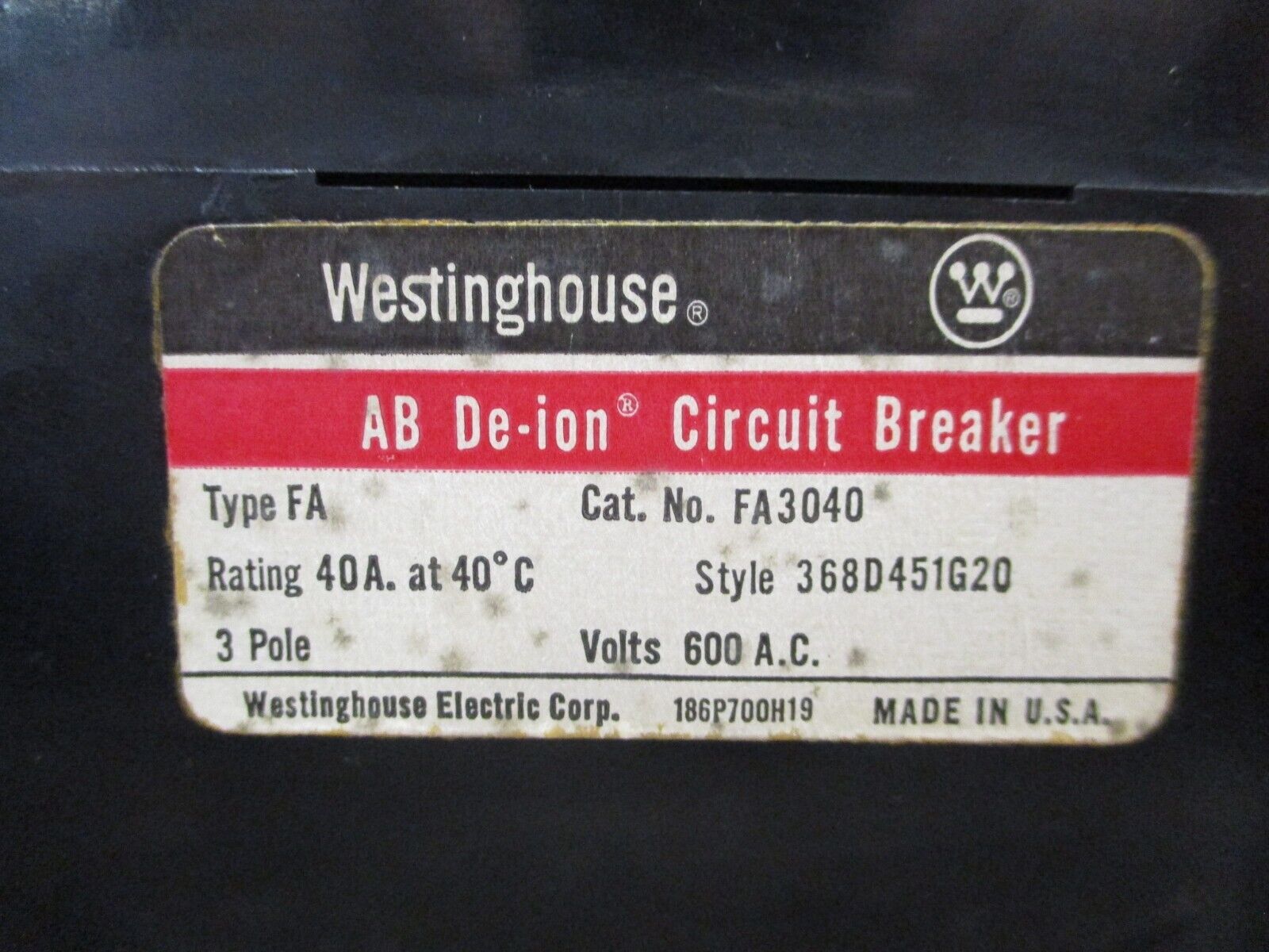 Westinghouse AB De-ion Circuit Breaker FA3040 40A 600V 3P Used