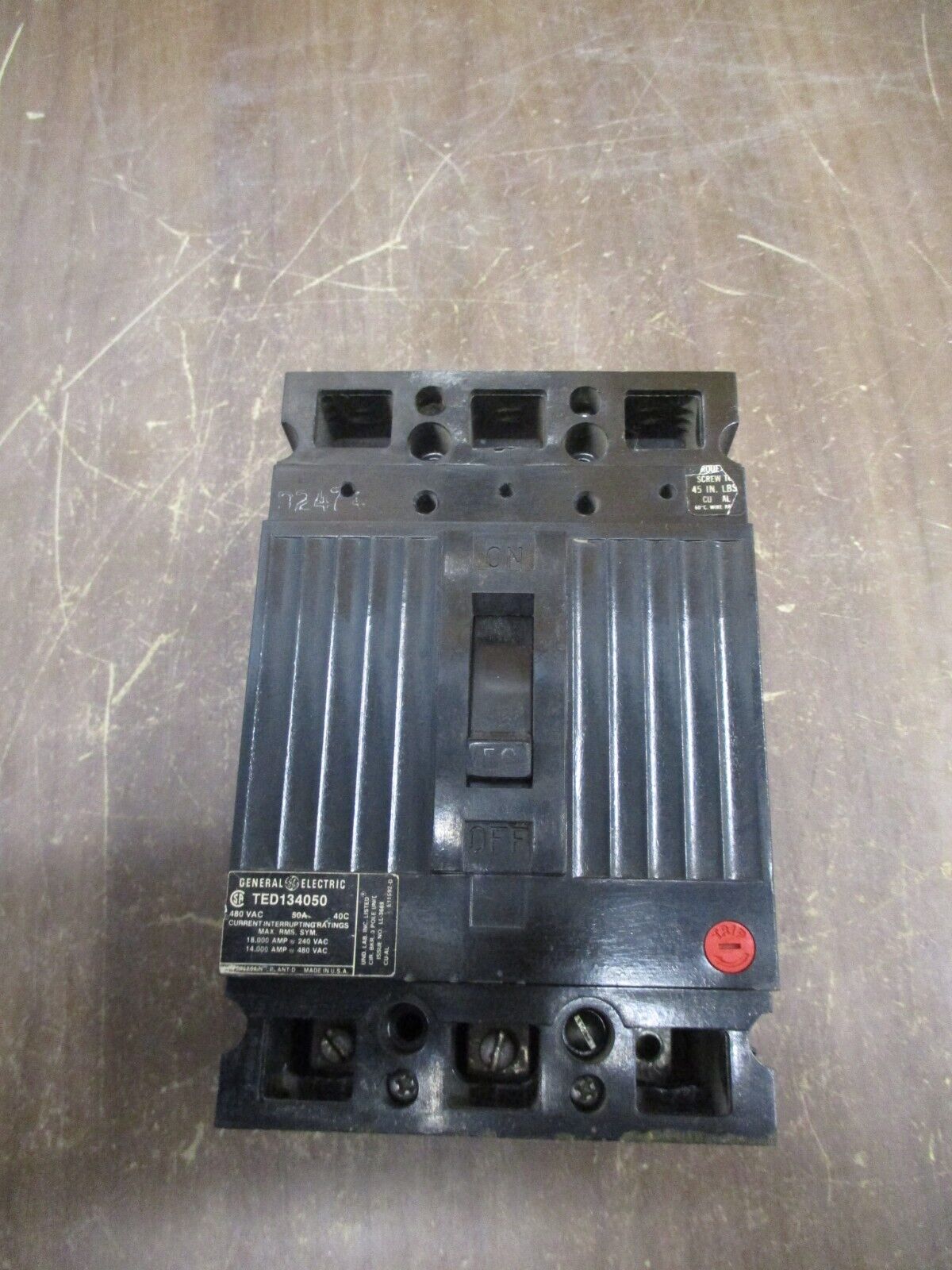 GE Circuit Breaker TED134050 480V 50A 3P *Missing Lug* Used