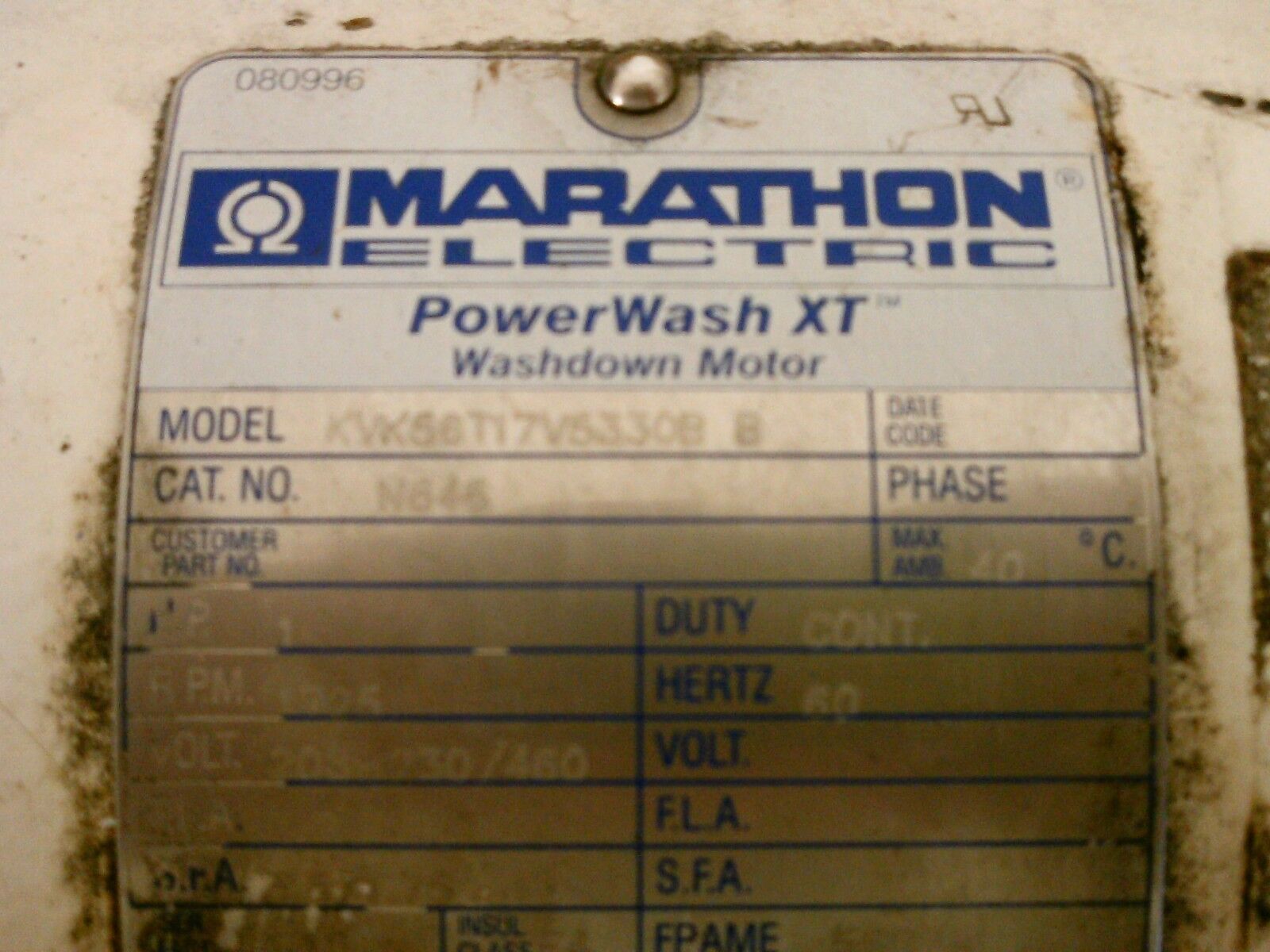 Marathon	PowerWash XT Washdown Motor w/ Gear KVK56T17V5330B B 1HP 1800RPM Used