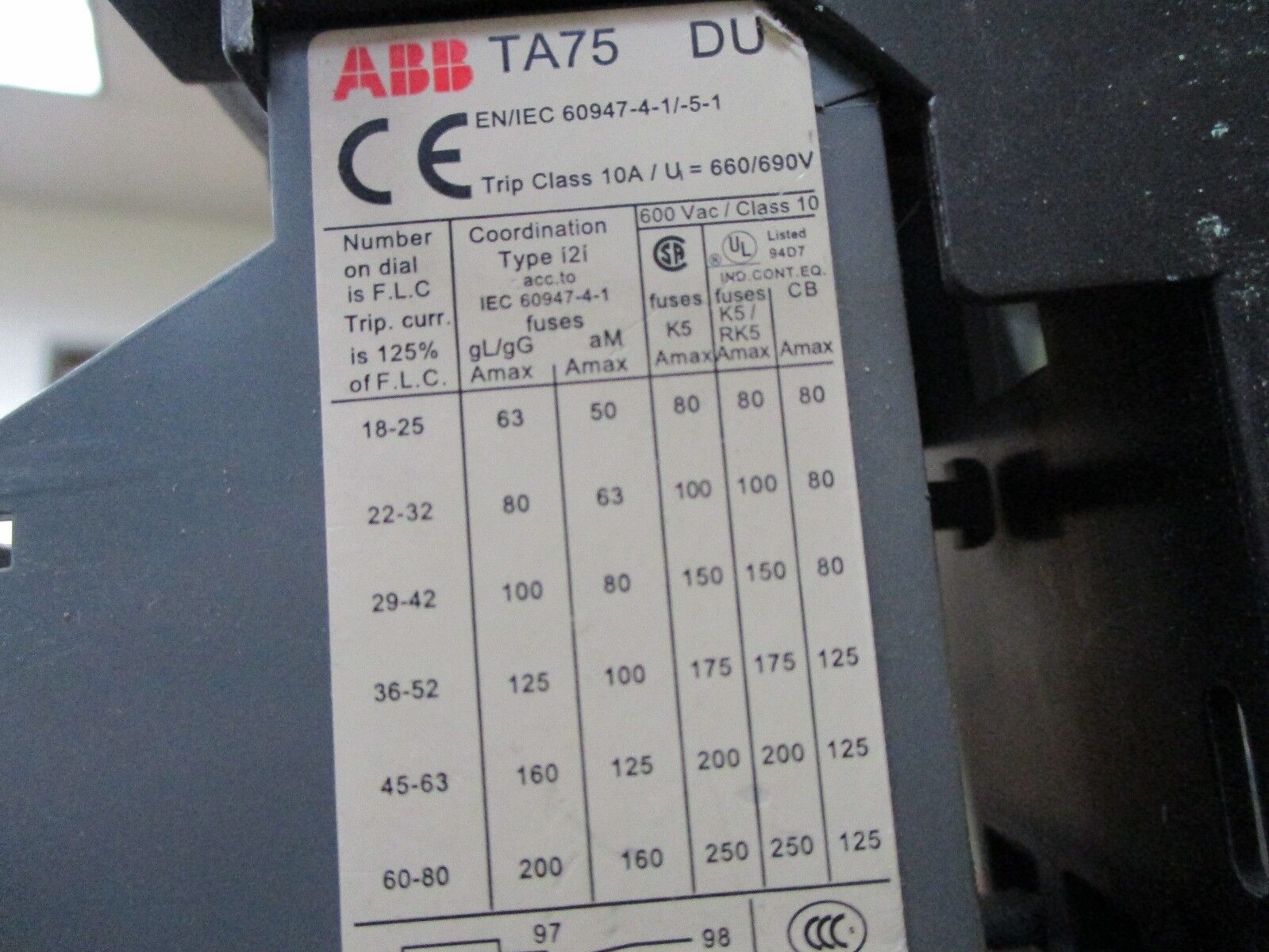 ABB	Solid State Overload TA75 DU Trip: 45-63A w/ DIN Rail Adapter Used