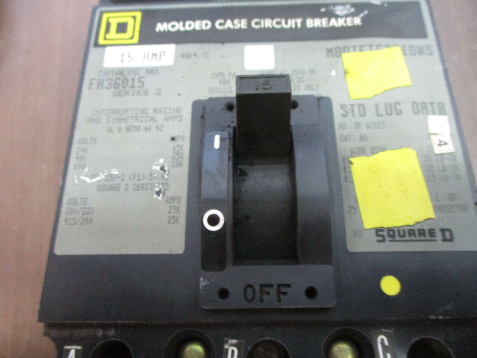 Square D I-Line Circuit Breaker FH36015 Ser. 2 15A 600V 3P Used