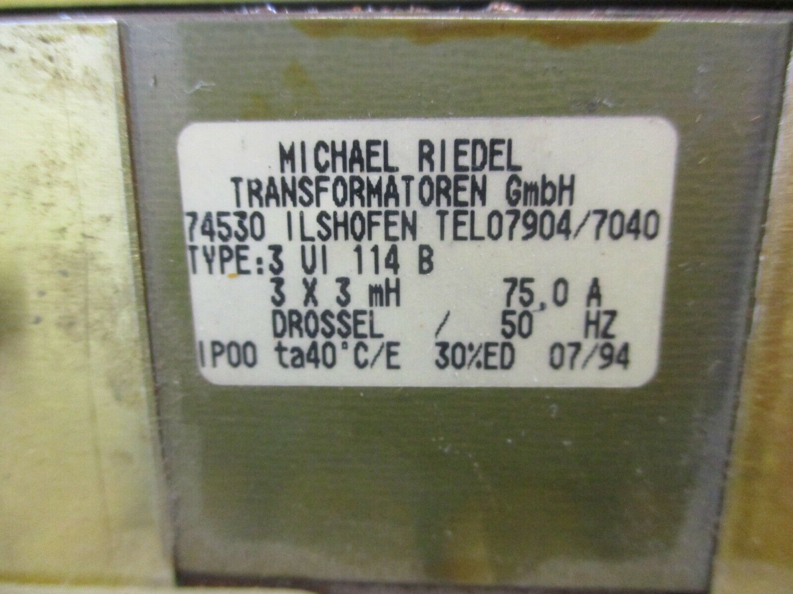 Michael Riedel Line Reactor 3 UI 114 B 3x3mH 75A 50Hz Used **Chipped Insulator**