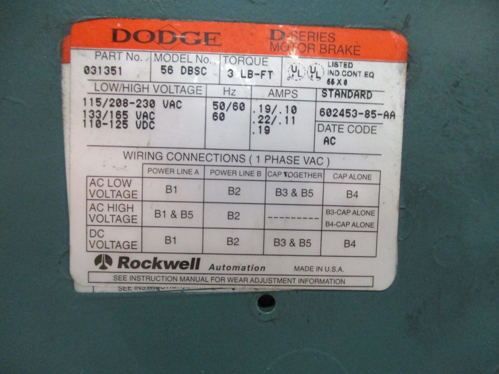 Reliance S-2000 Duty Master AC Motor w/ Gear B79K7319M-AC / 1/2-56C-TM1A-47.1