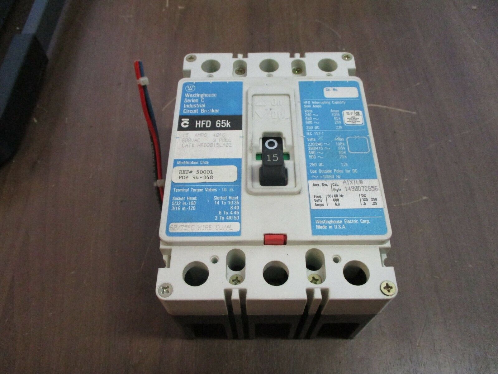 Westinghouse HFD 65K Circuit Breaker w/ Aux HFD3015LA02 15A 480V 3P Used