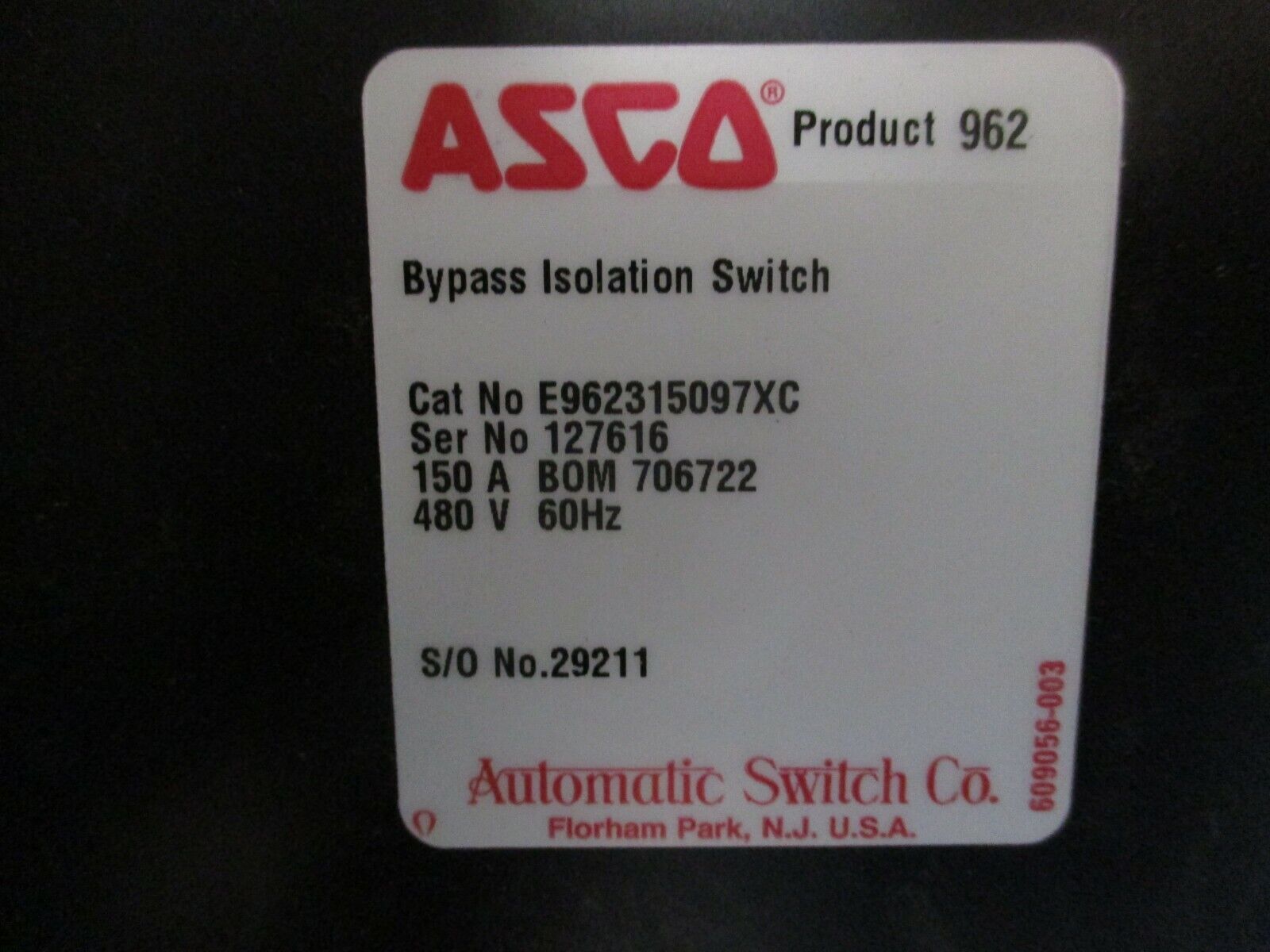 Asco 962 Automatic Transfer Switch w/ Bypass E962315097XC 150A 480V 60Hz Used