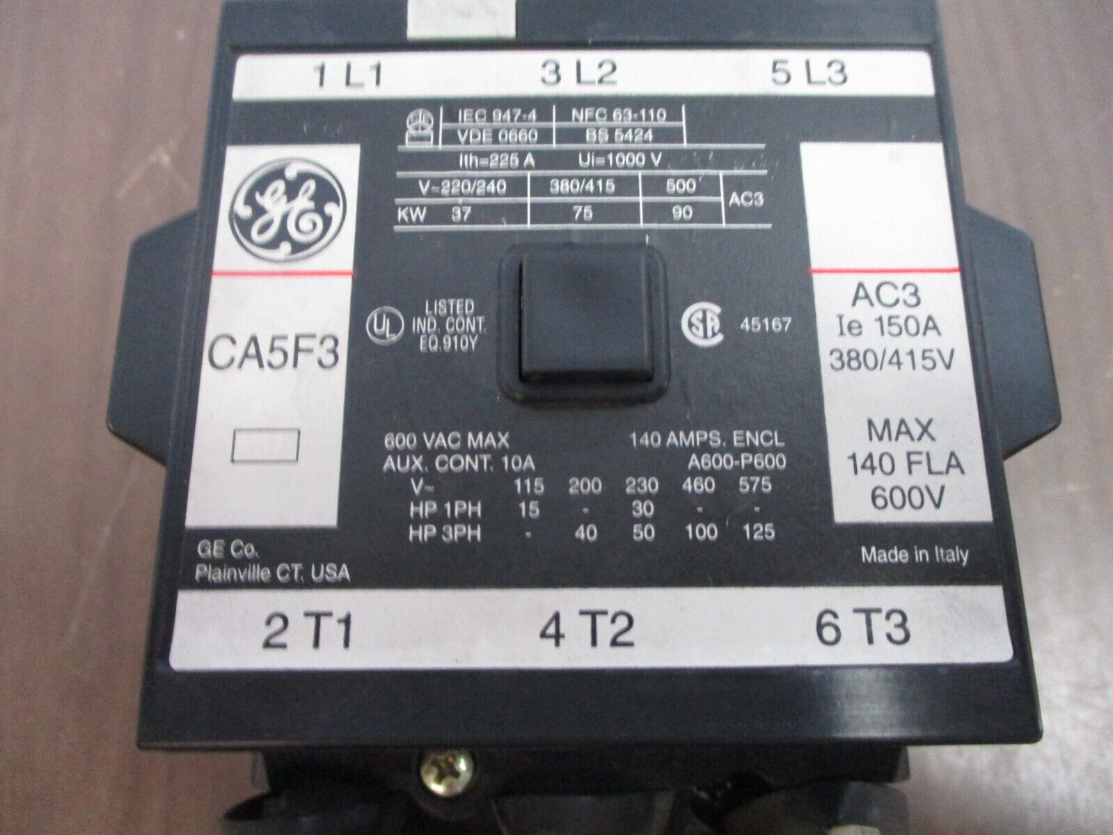 GE Contactor CA5F3 240V Coil 140V 600V w/ (2) Aux Contact Used