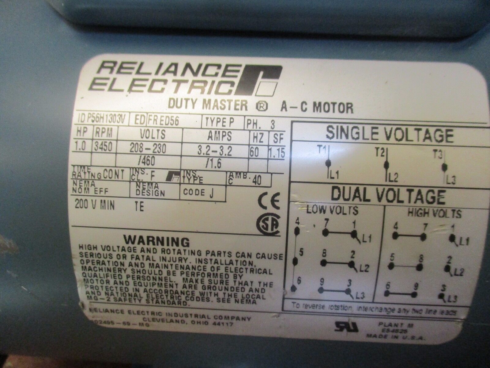 Reliance A-C Motor P56H1303V 1HP 3450RPM 208-230V 3.2-3.2/1.6A New Surplus