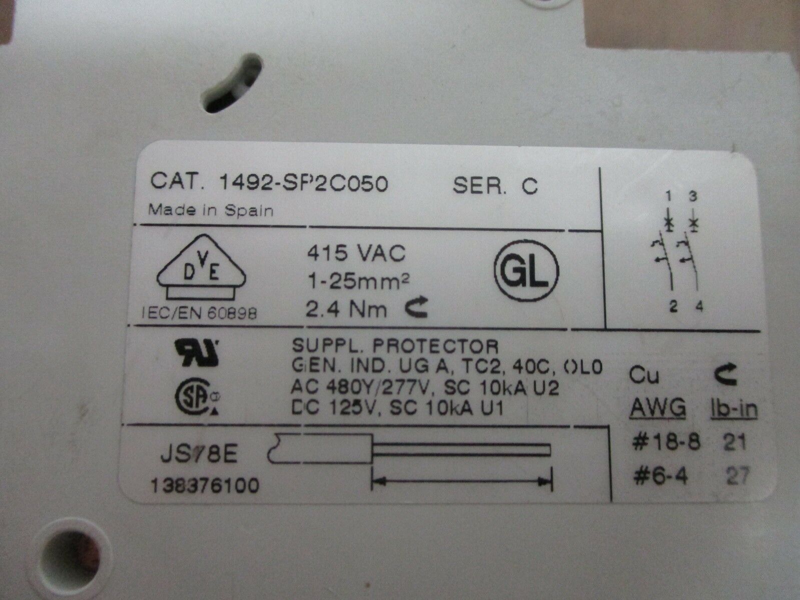 Allen-Bradley Circuit Breaker 1492-SP2C050 Ser. C 5A 480Y/277V 2P Used