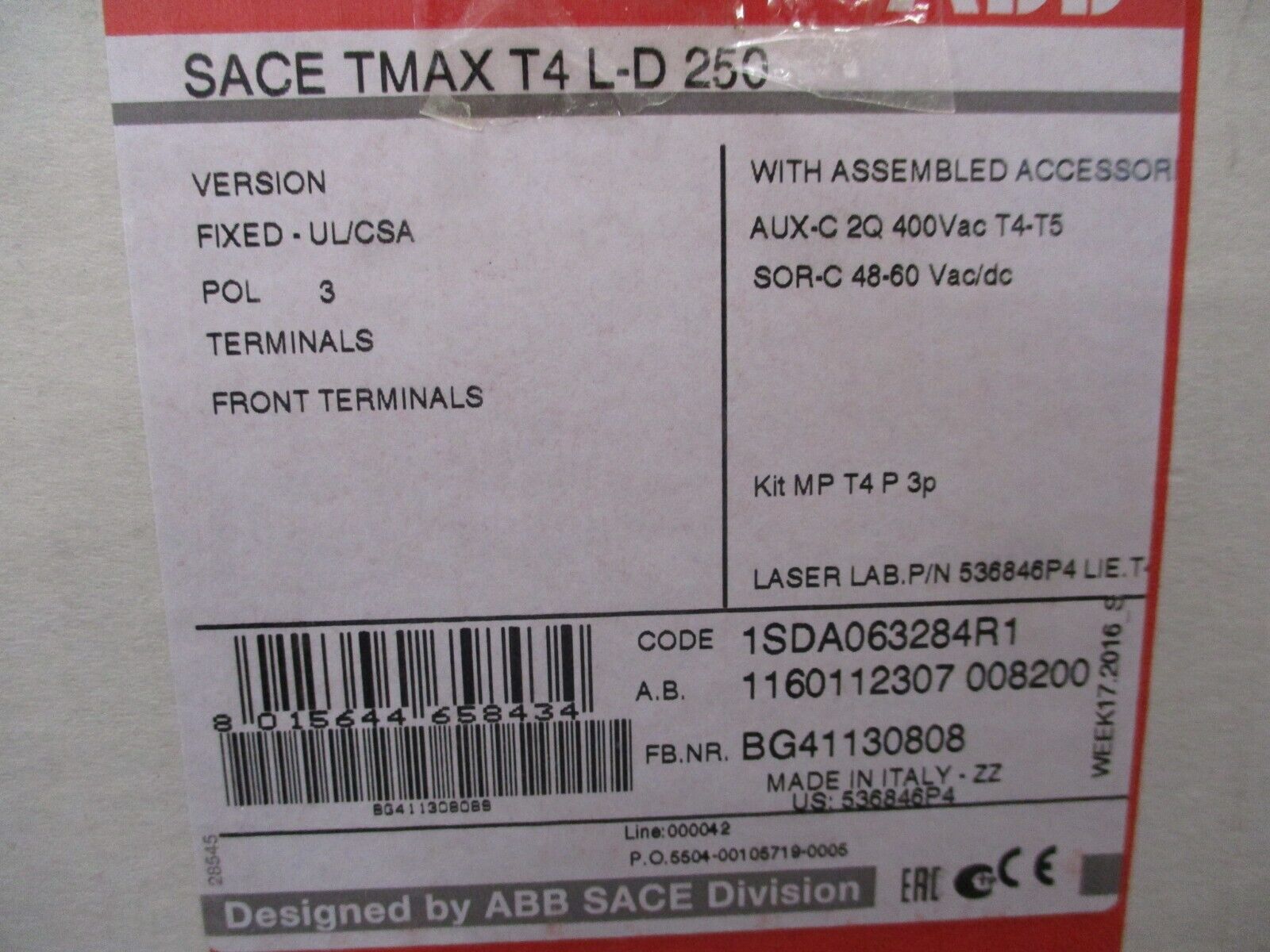 ABB SACE Tmax T4 L-D 250 Circuit Breaker 1SDA063284R1 250A 600V 3P New Surplus