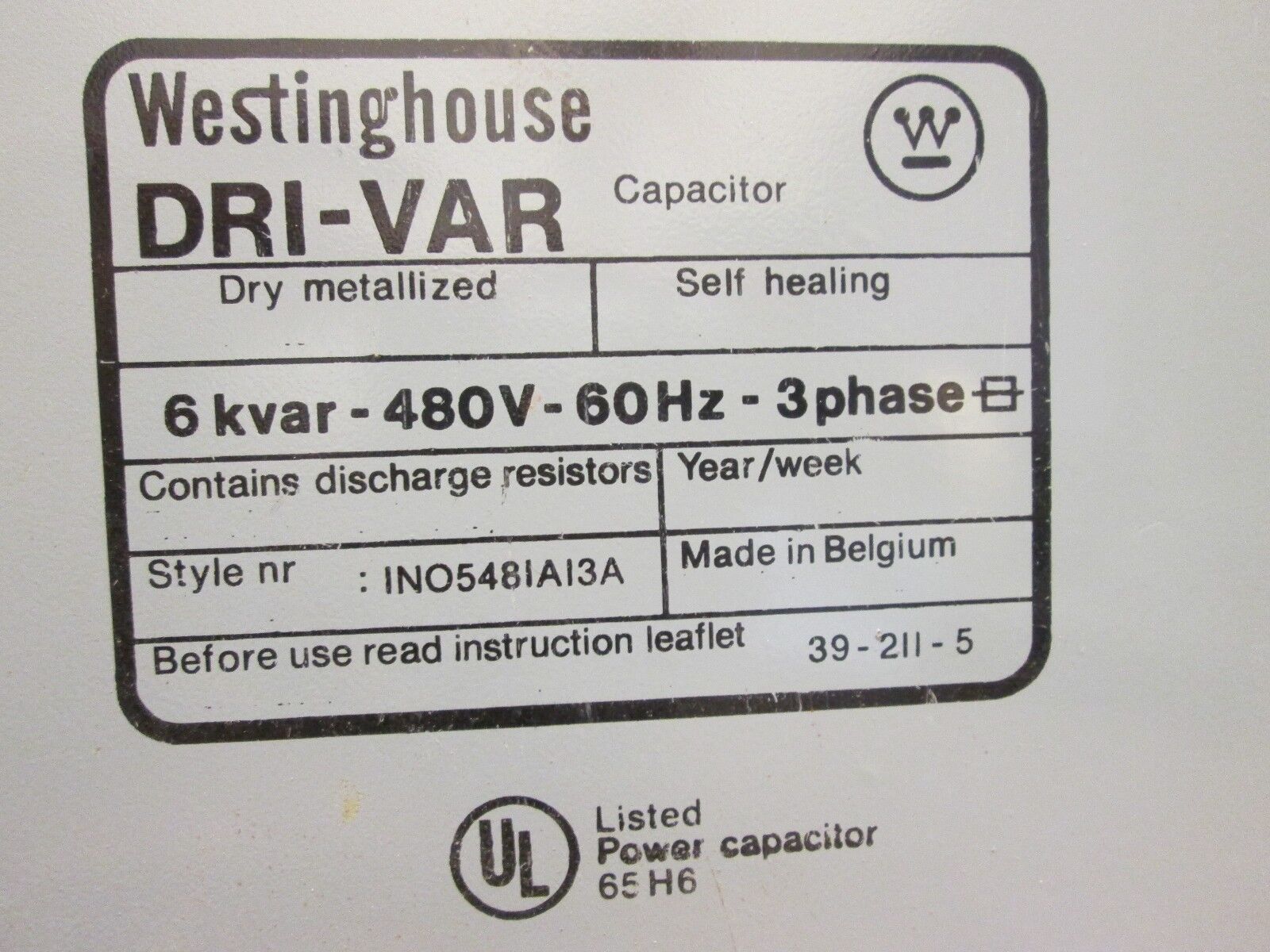 Westinghouse Dri-Var Capacitor 1N05481A13A 6kvar 480V 60Hz 3Ph Used