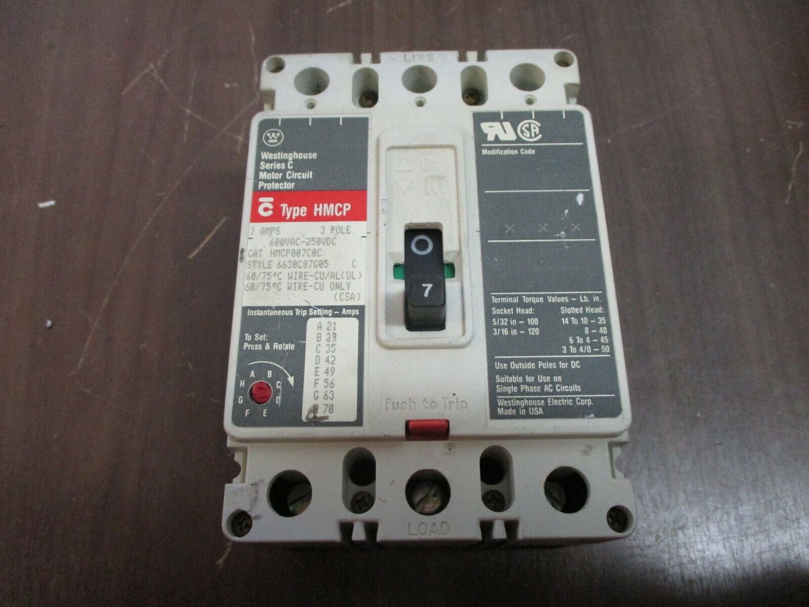 Westinghouse Circuit Breaker HMCP007C0C 7A 600V 3P Used