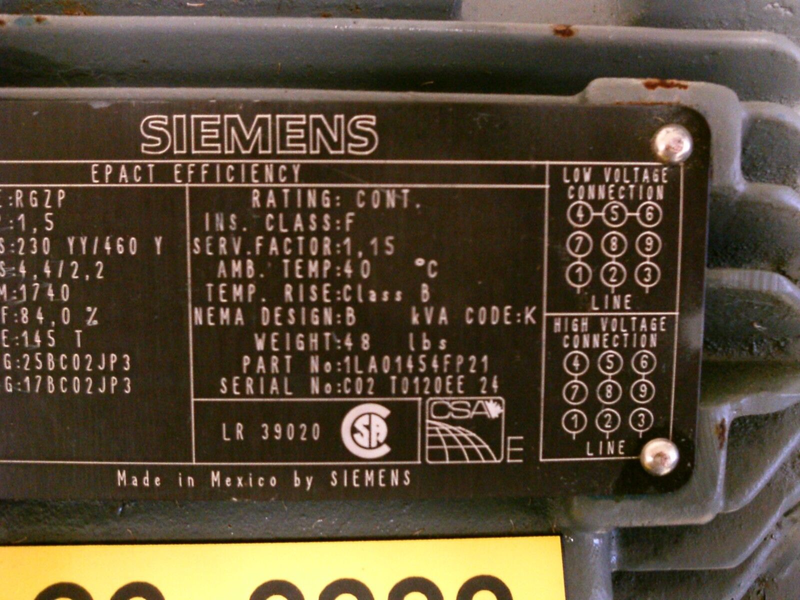 Siemens Type RGZP AC Motor 1LA01454FP21 1.5HP 1800RPM 230/460V 4.4/2.2A Used