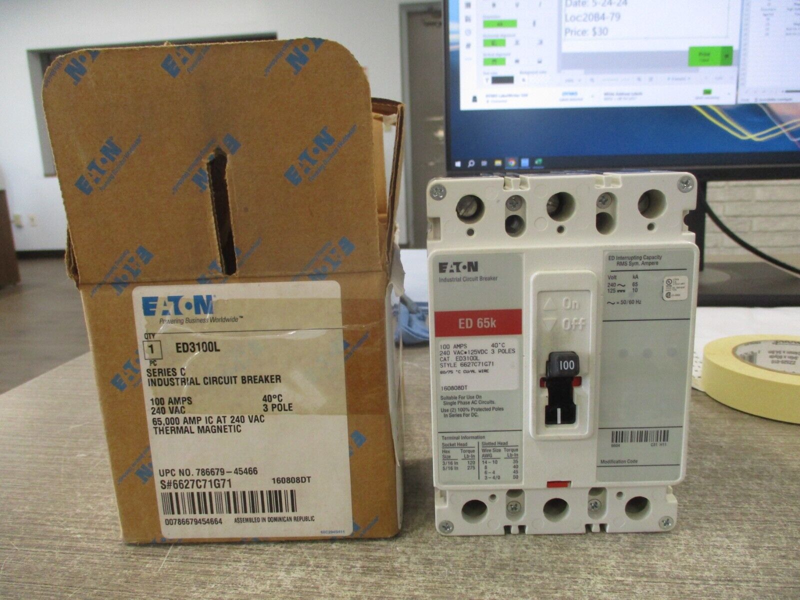 Eaton Circuit Breaker ED3100L 100A 240V 3P New Surplus