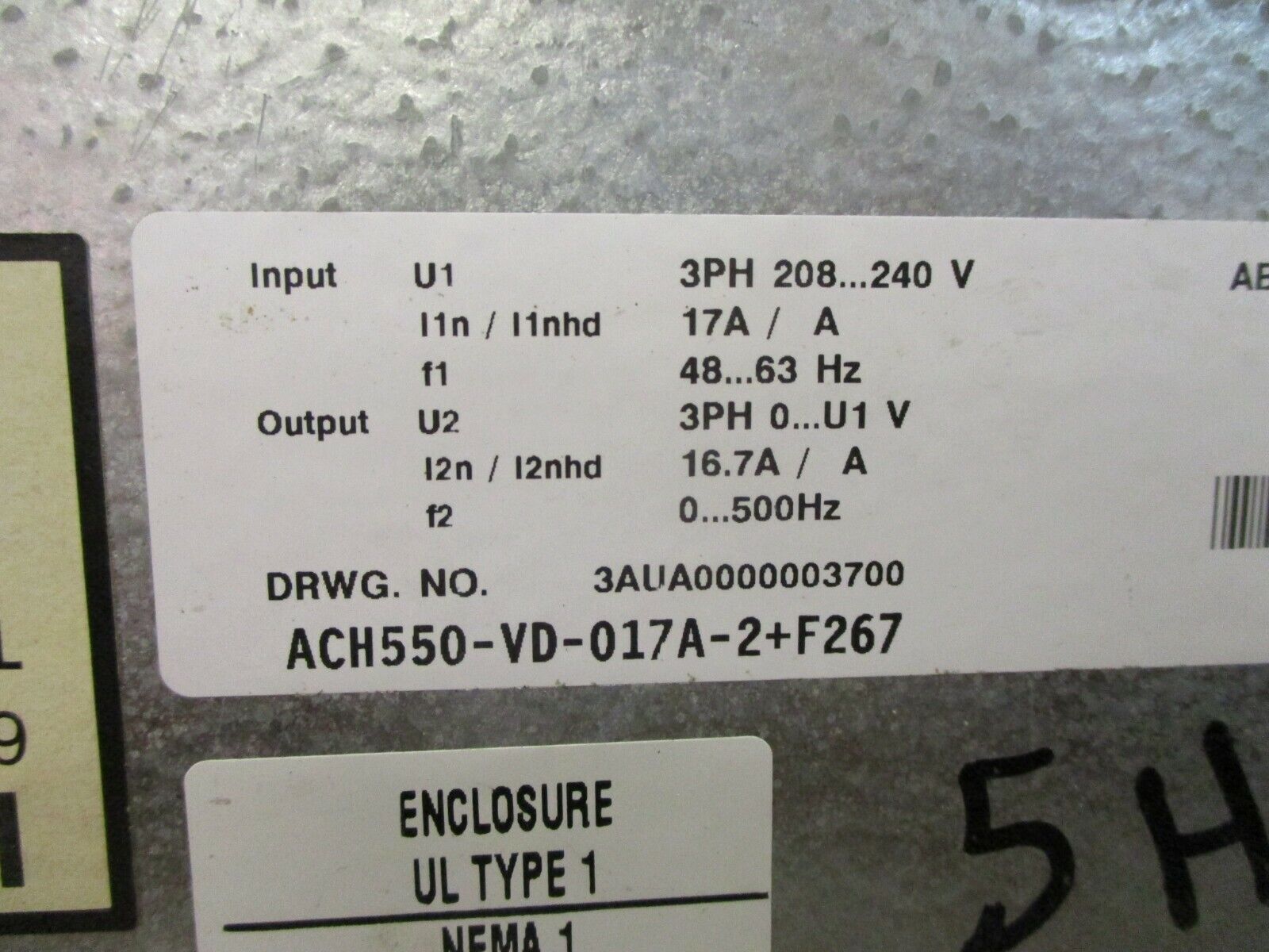 ABB ACH550 AC Drive w/Bypass ACH550-VD-017A-2+F267 5HP 3Ph w/Keypad Used