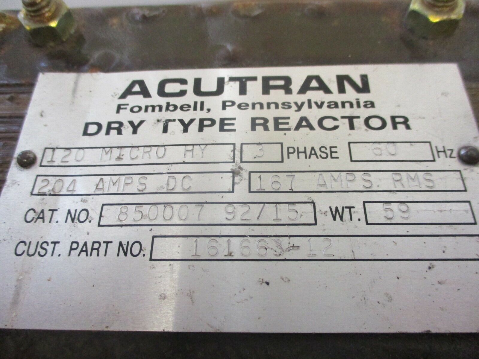 Acutran Line Reactor 850007 92715 204A DC 167A RMS 3Ph 60Hz Used