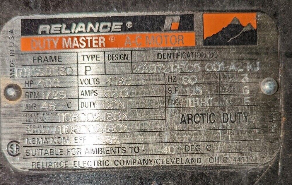 Reliance AC Motor VAQ.7212705-001-A2-KJ 400HP 3Ph 4160V 1800RPM 520A 60Hz Used