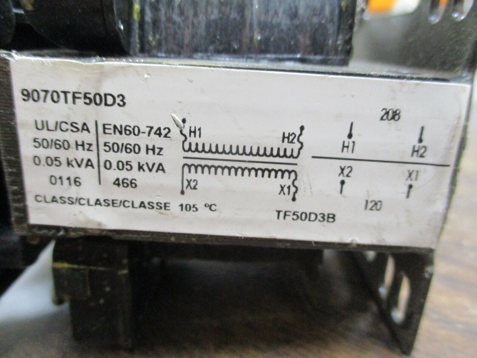 Square D Control Transformer 9070TF50D3 0.05kVA Pri: 208V Sec: 120V 50/60Hz Used