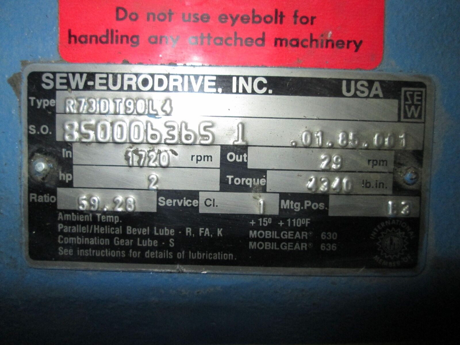 Sew-Eurodrive DFT90LA R73DT90L4 2HP 1720RPMs in 23RPMs out 6.2/3.1A 59.28 ratio