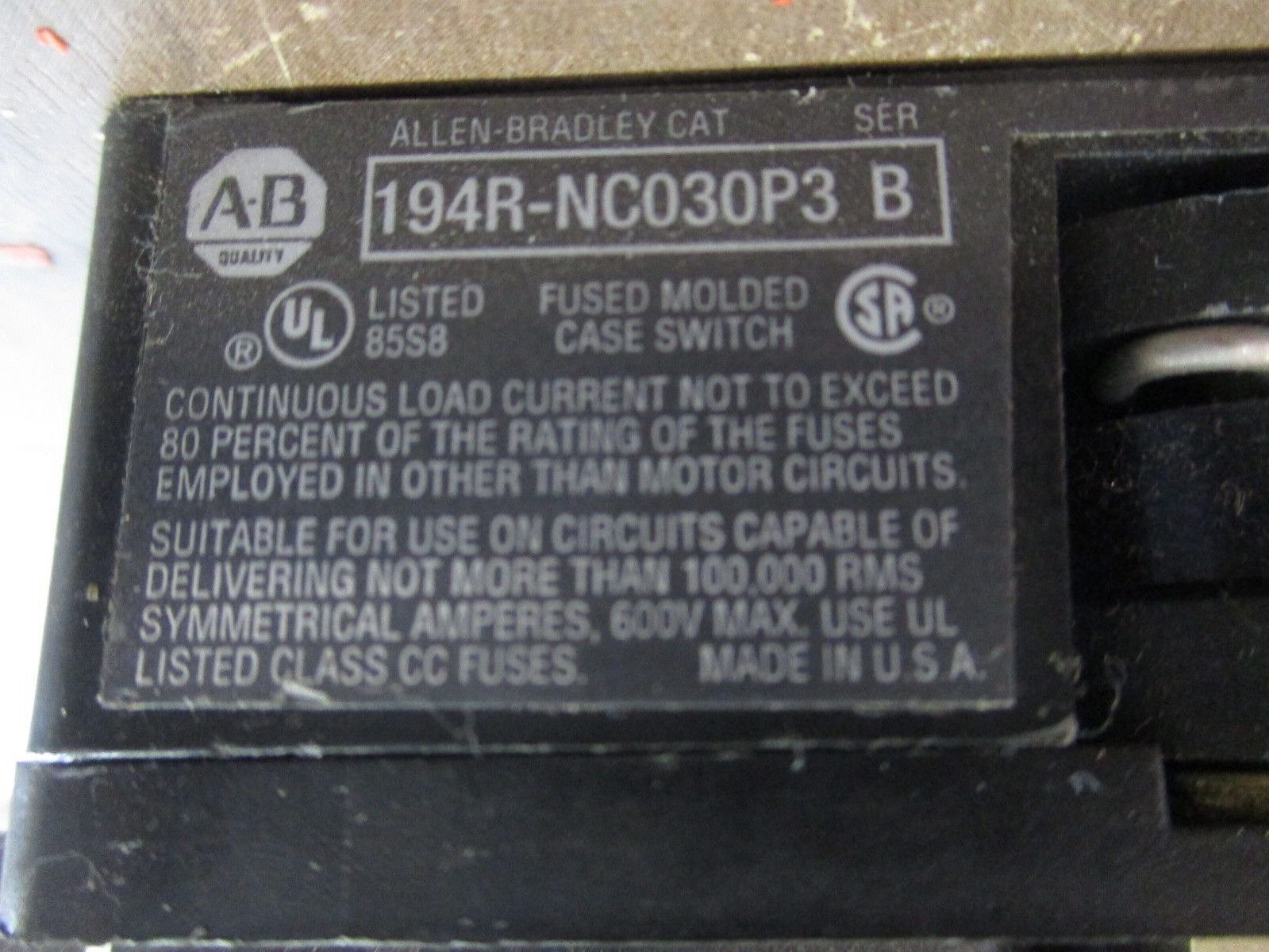 Allen-Bradley Disconnect Switch 194R-NC030P3 Ser. B 30A 600V Used