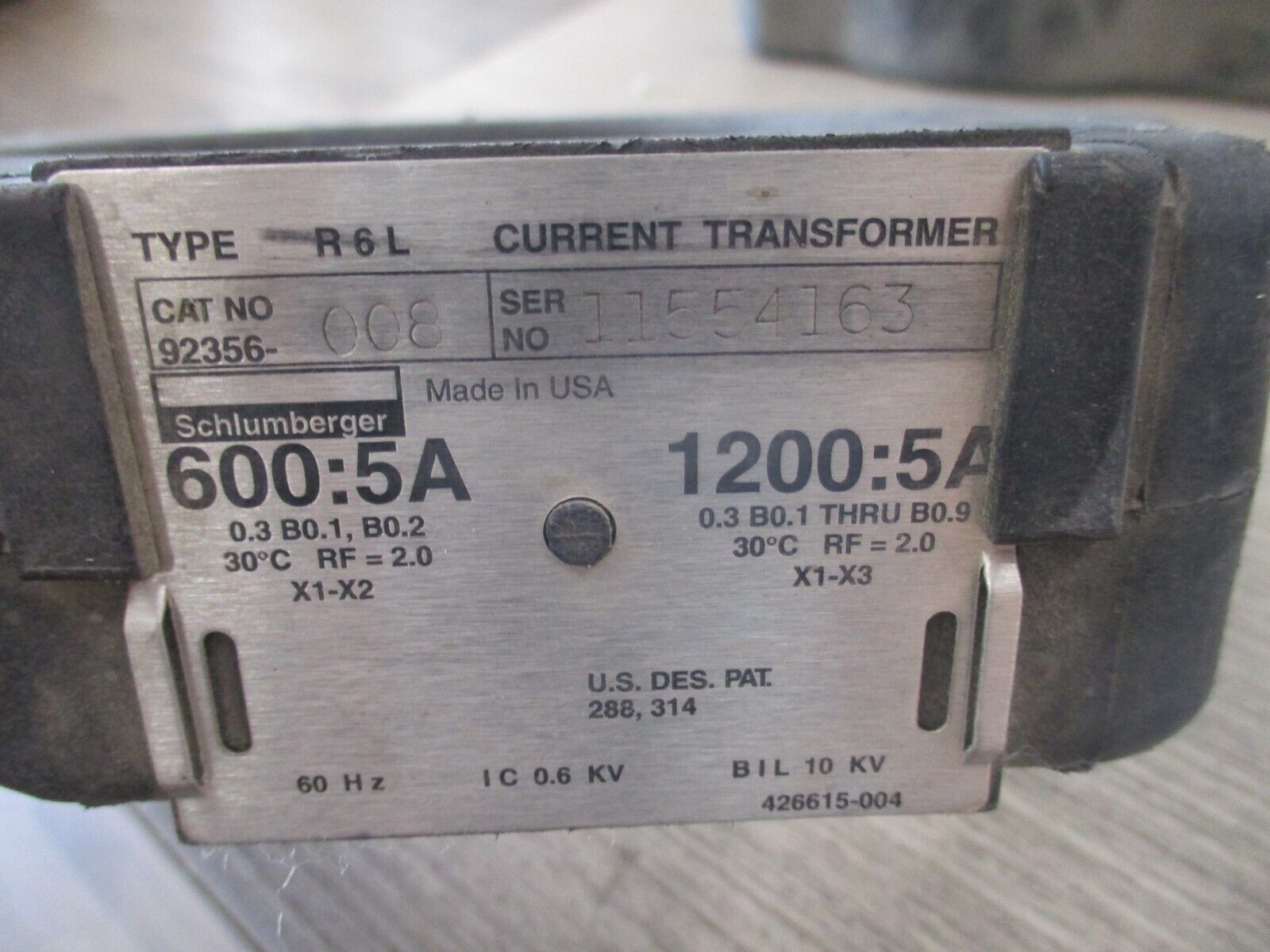 Schlumberger Type R6L Current Transformer 92356-008 600V 60HZ 10KV BIL Used