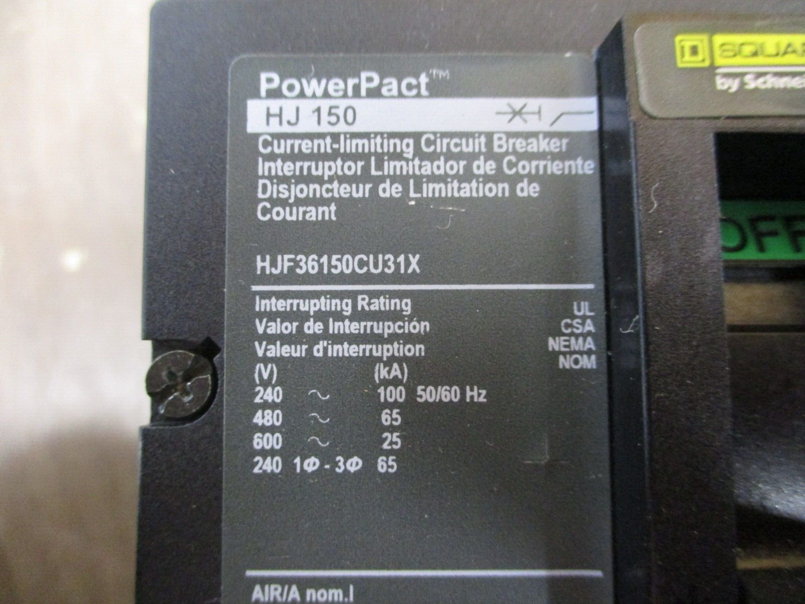 Square D PowerPact HJ 150 Circuit Breaker HJF36150CU31X 150A 600V 3P Used