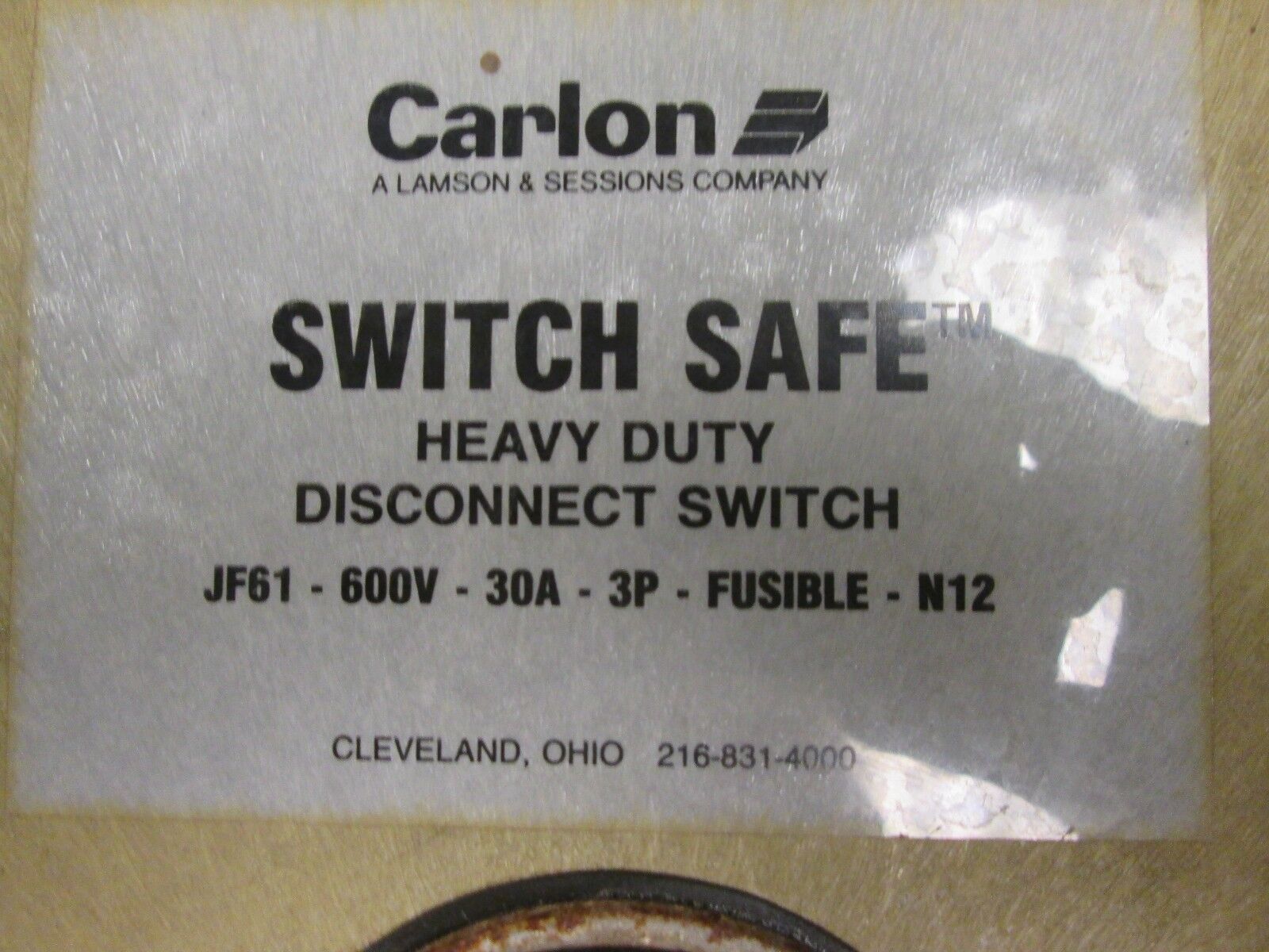 Carlon Switch Safe Disconnect Switch JF61 30A 600V 3P Fusible NEMA 12 Used