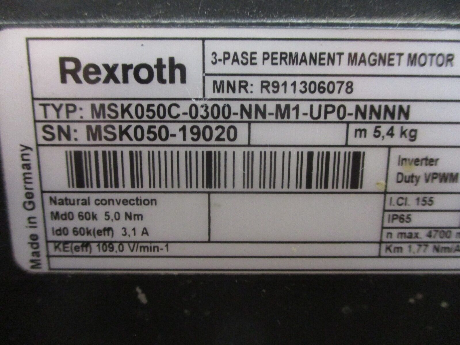 Rexroth Servo Motor MSK050C-0300-NN-M1-UP0-NNNN 3.1A 600V 1.77 Nm/A Used