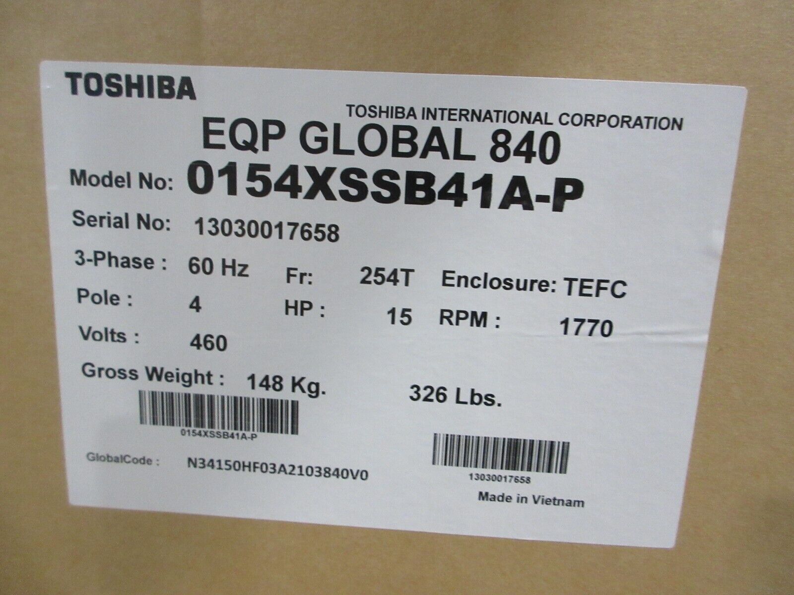 Toshiba EQP Global 840 AC Motor 0154XSSB41A-P 15HP 1800RPM 460V 3PH New Surplus