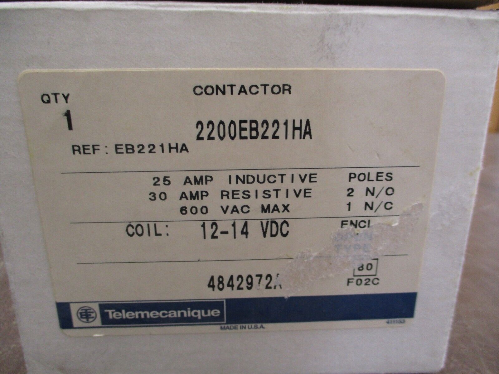 Telemecanique Contactor 2200EB221HA 12-14VDC Coil 25A 600V New Surplus