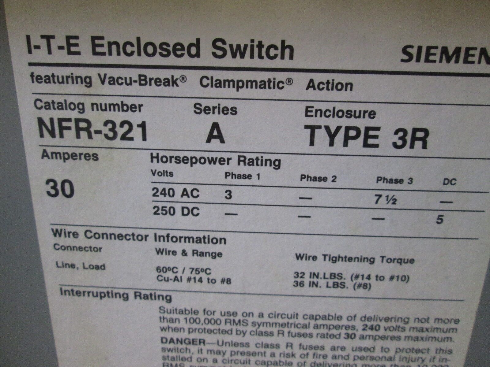 Siemens 3R Non-Fusible Safety Switch NFR321 30A 240V 3P Nema 3R Enclosure New