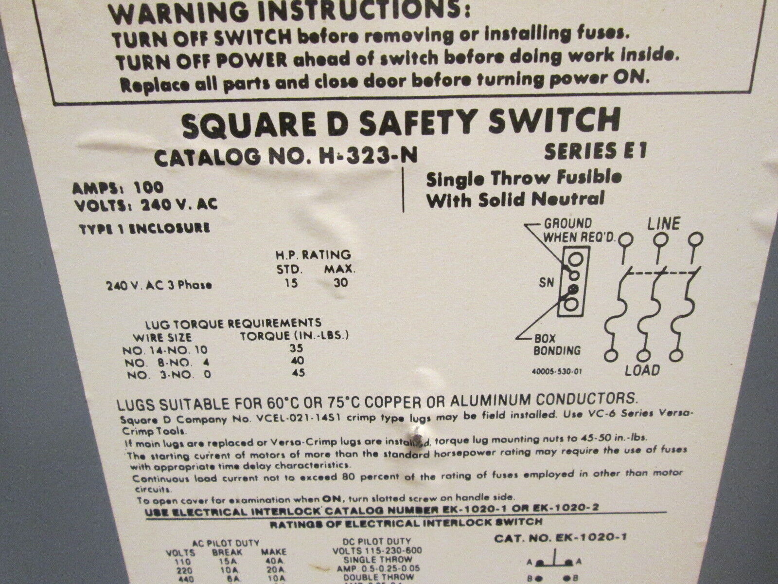 Square D Fusible Safety Switch/Disconnect H-323-N 100A 240V 3Ph Used