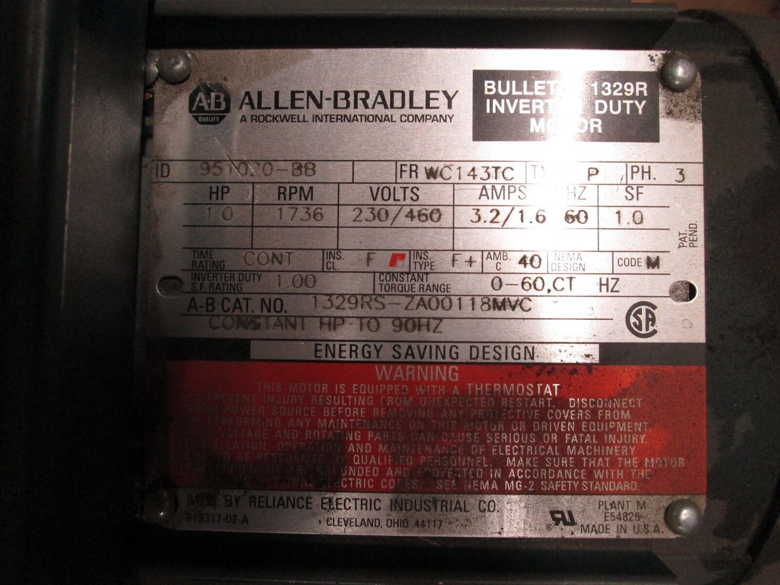 Allen-Bradley Motor w/ Gear 951020-BB 1HP 1736RPM WC143TC Frame 230/460V Used