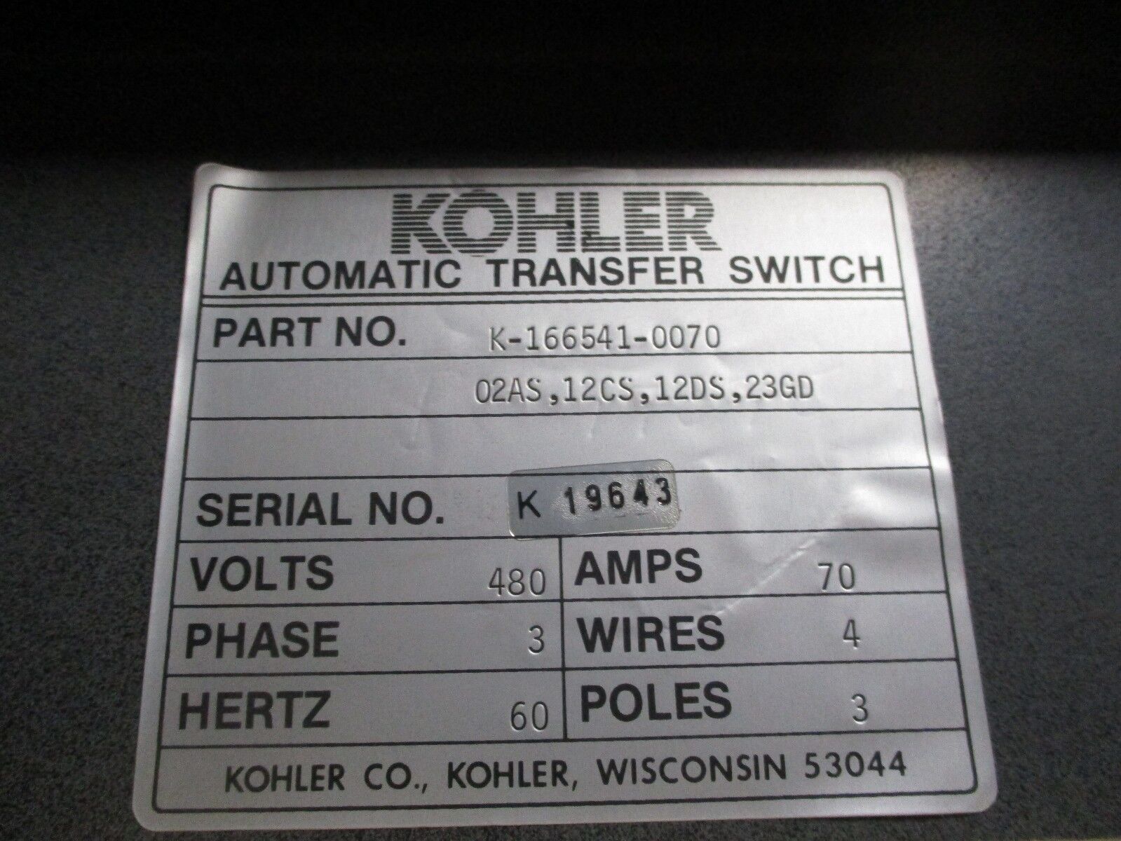 Kohler Automatic Transfer Switch K-166541-0070 70A 480V 3Ph 4W 60Hz 3P Used