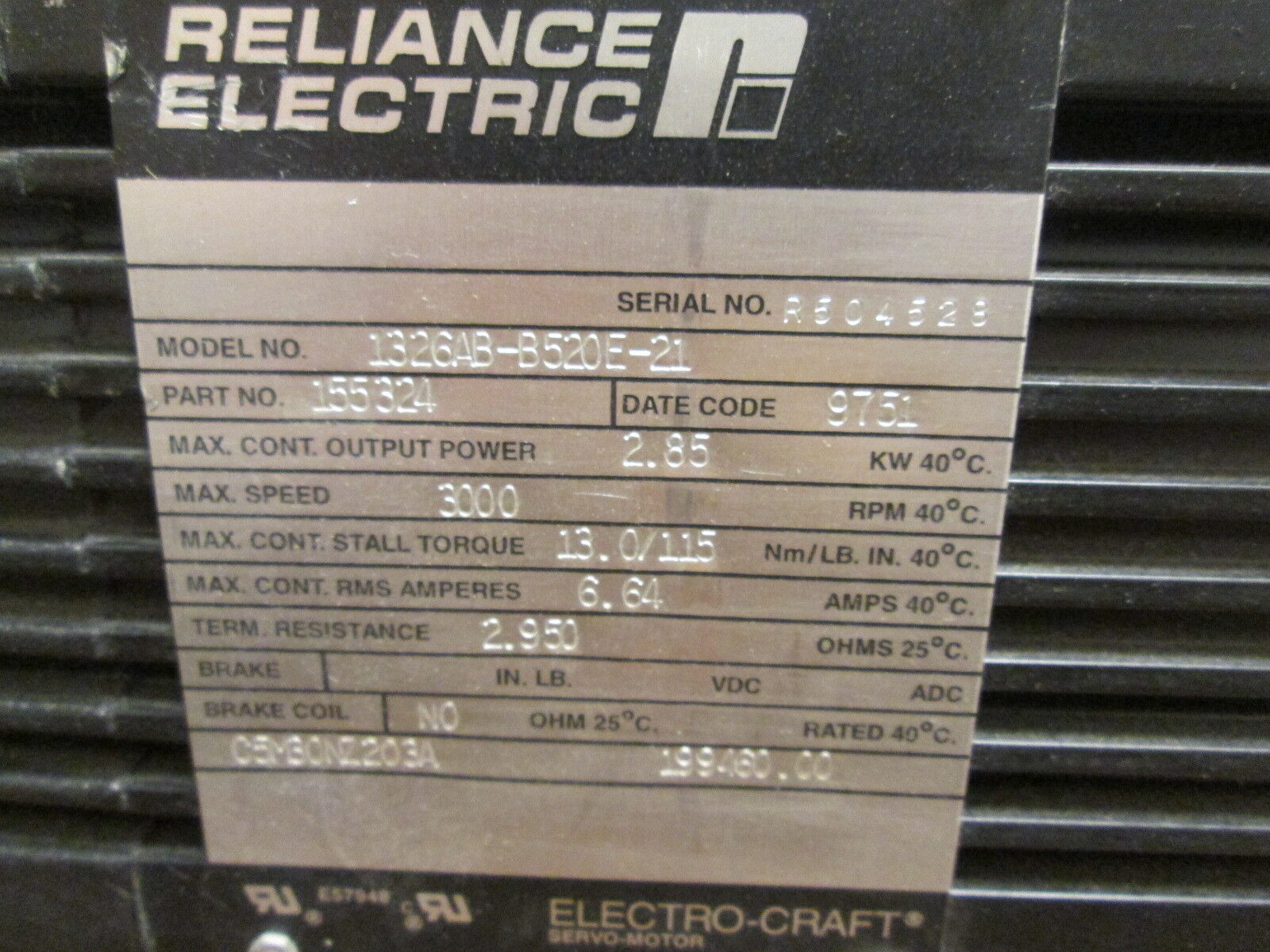 Reliance Electro-Craft Servo Motor 1326AB-B520E-21 2.85KW 3000RPM 6.64A Used