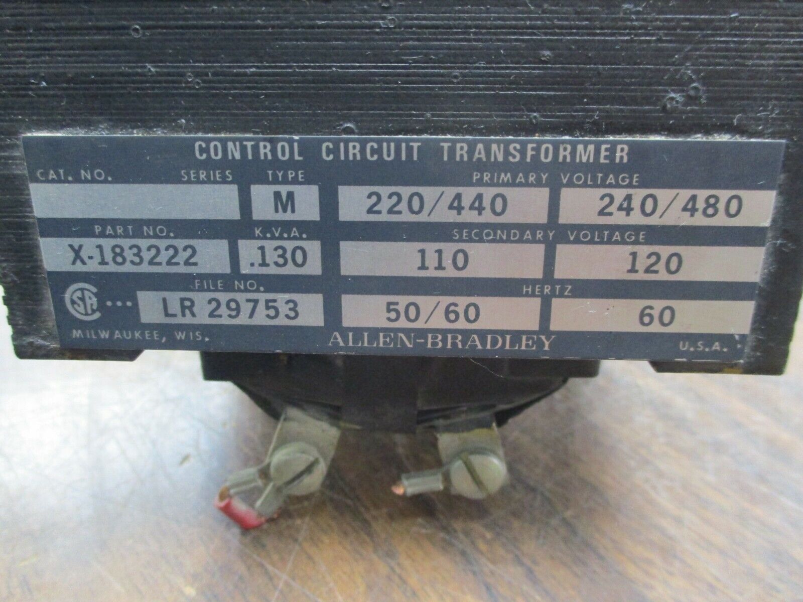 Allen-Bradley Type M Control Transformer X-183222 0.130KVA Pri:240/480V Sec:120V