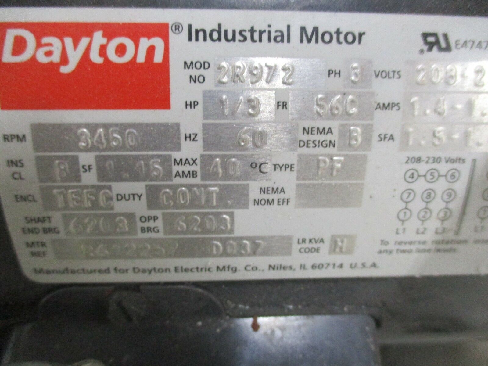 Dayton AC Motor 2R972 1/3HP 3600RPM 208-230/460V 1.4-1.3/0.66A 3Ph 60Hz Used