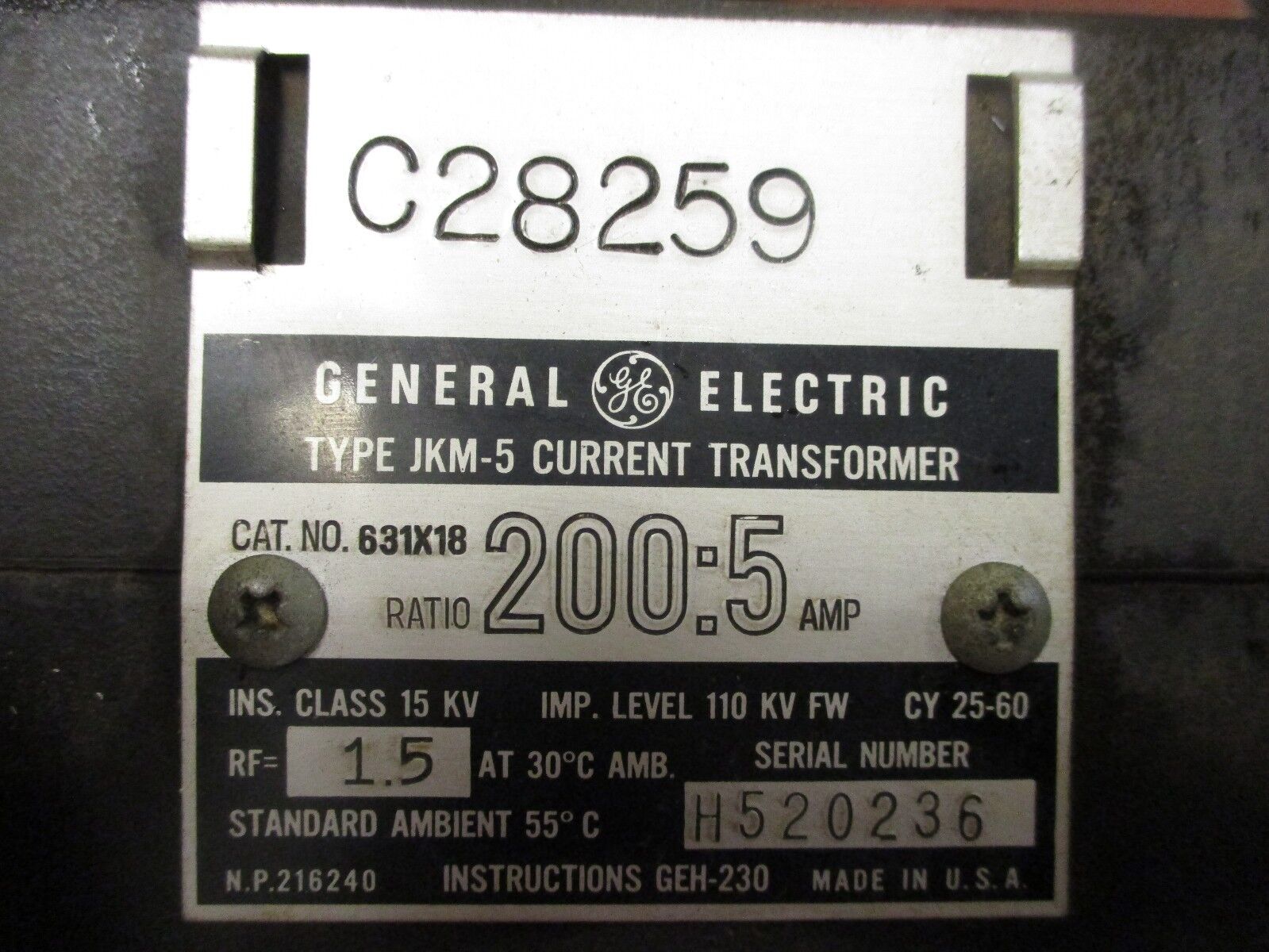 GE Type JKM-5 Current Transformer 631X18 Ratio 200:5A 15KV BIL Used