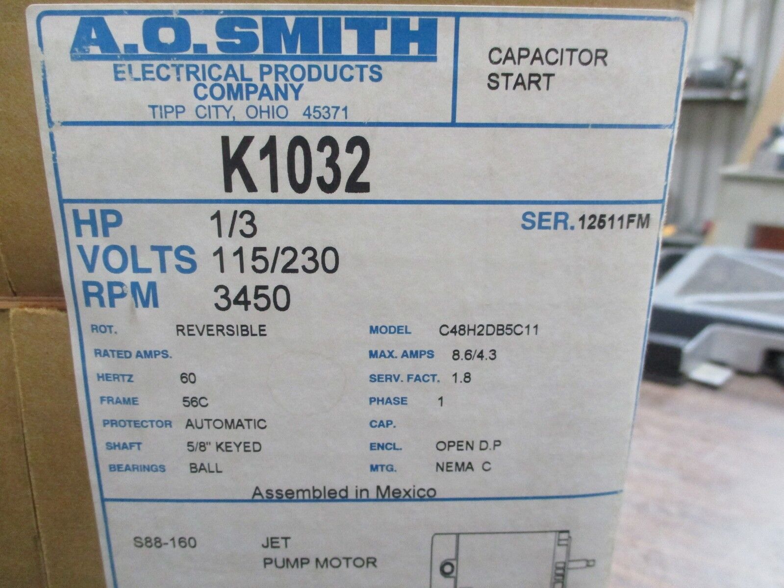 A.O.Smith AC Motor K1032 1/3HP 3500RPM FR:56C 115/230V 8.6/4.3A 1Ph New Surplus