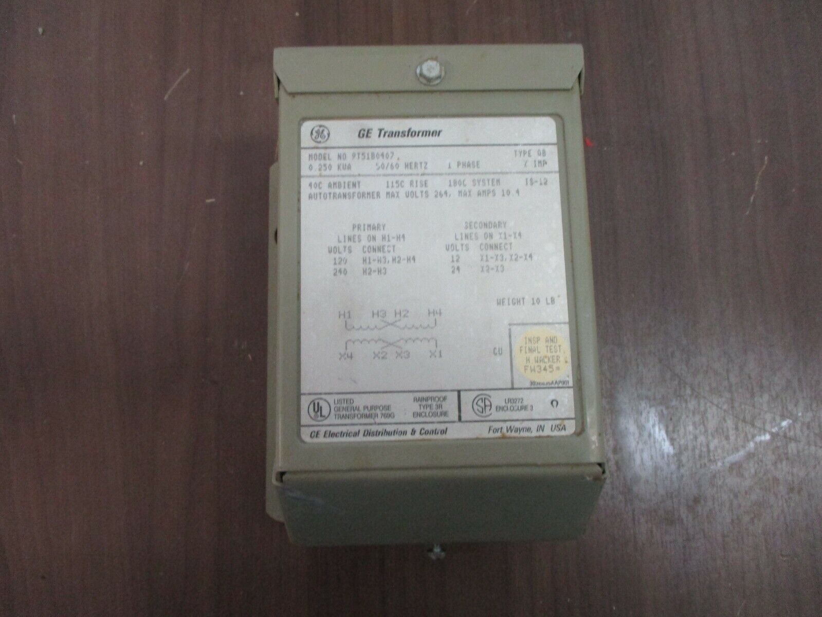 GE Transformer 9T51B0407 0.250kVA Pri: 120/240V Sec: 12/24V 1Ph 50/60Hz Used