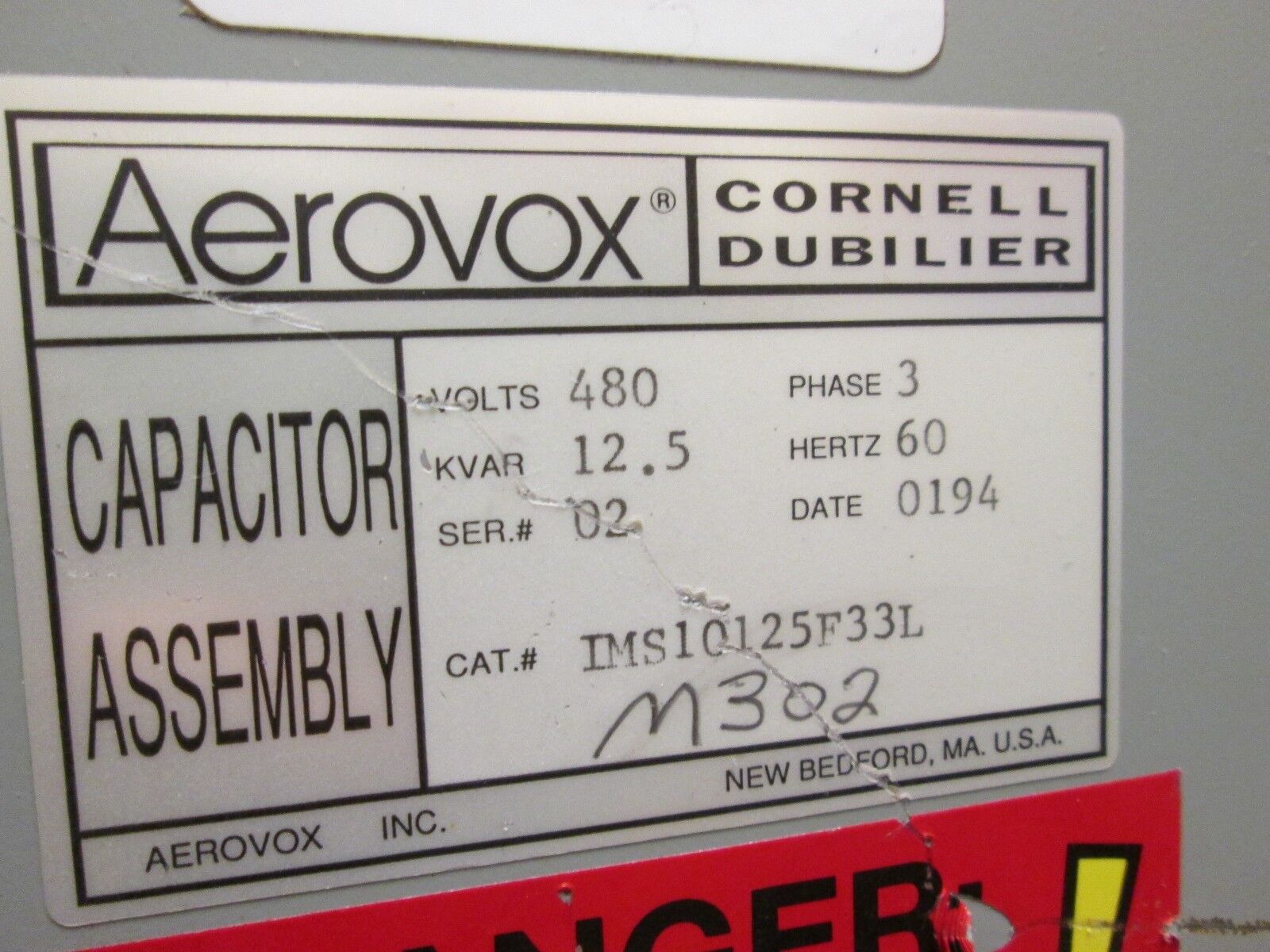 Aerovox Cornell Dubilier Capacitor Assembly IMS10125F33L 480V 3Ph 12.5KVAR 60Hz