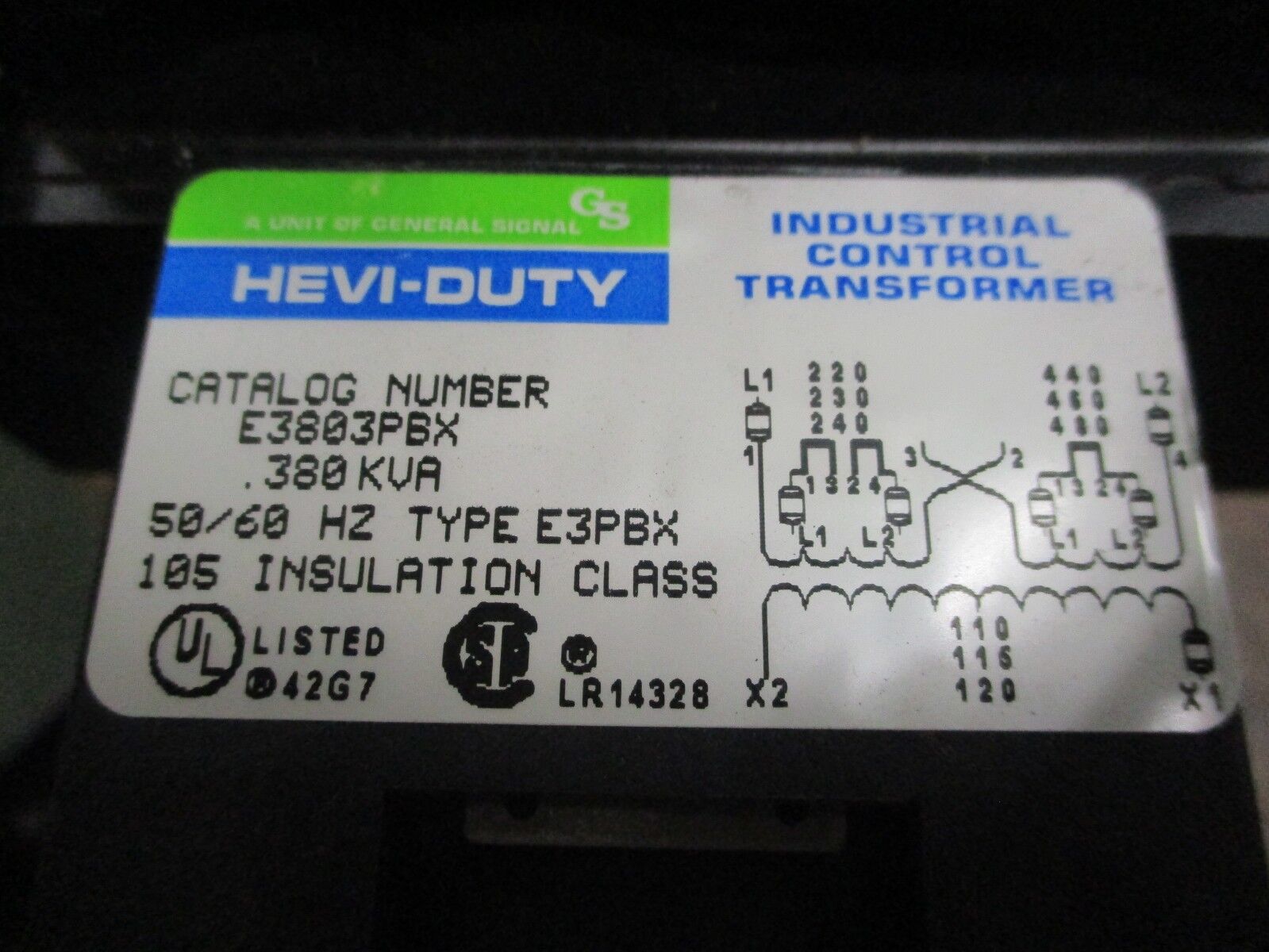 Hevi-Duty Control Transformer E3803PBX 0.380KVA Pri:240/480V Sec:120V 50/60Hz