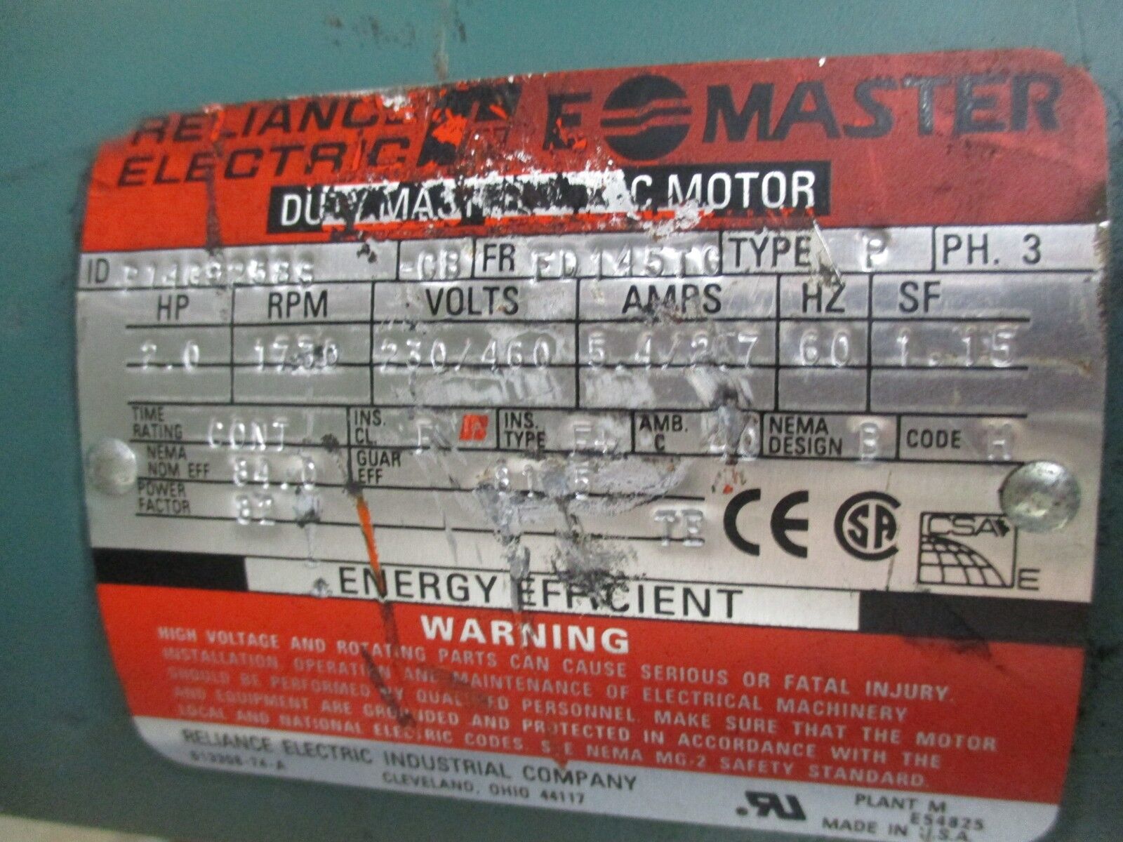 Reliance E-Master Duty Master AC Motor P14G9258S / C350T200N140 2HP Used