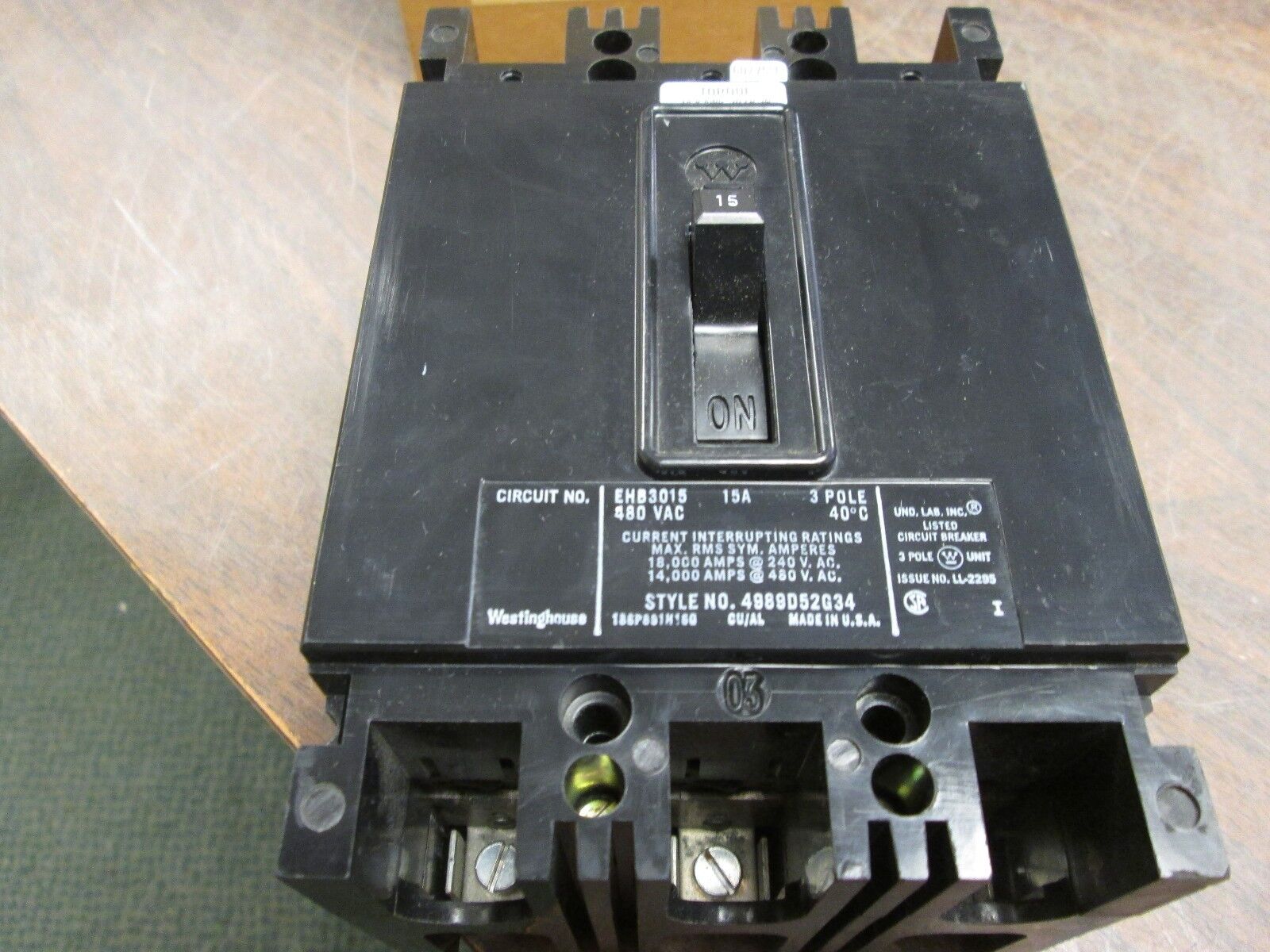 Westinghouse AB DeIon Circuit Breaker EHB3015 15A 480V 3P New Surplus