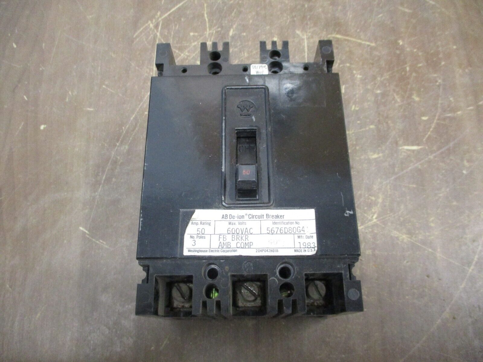 Westinghouse AB De-ion Circuit Breaker 5676D80G41 50A 600V 3P Used