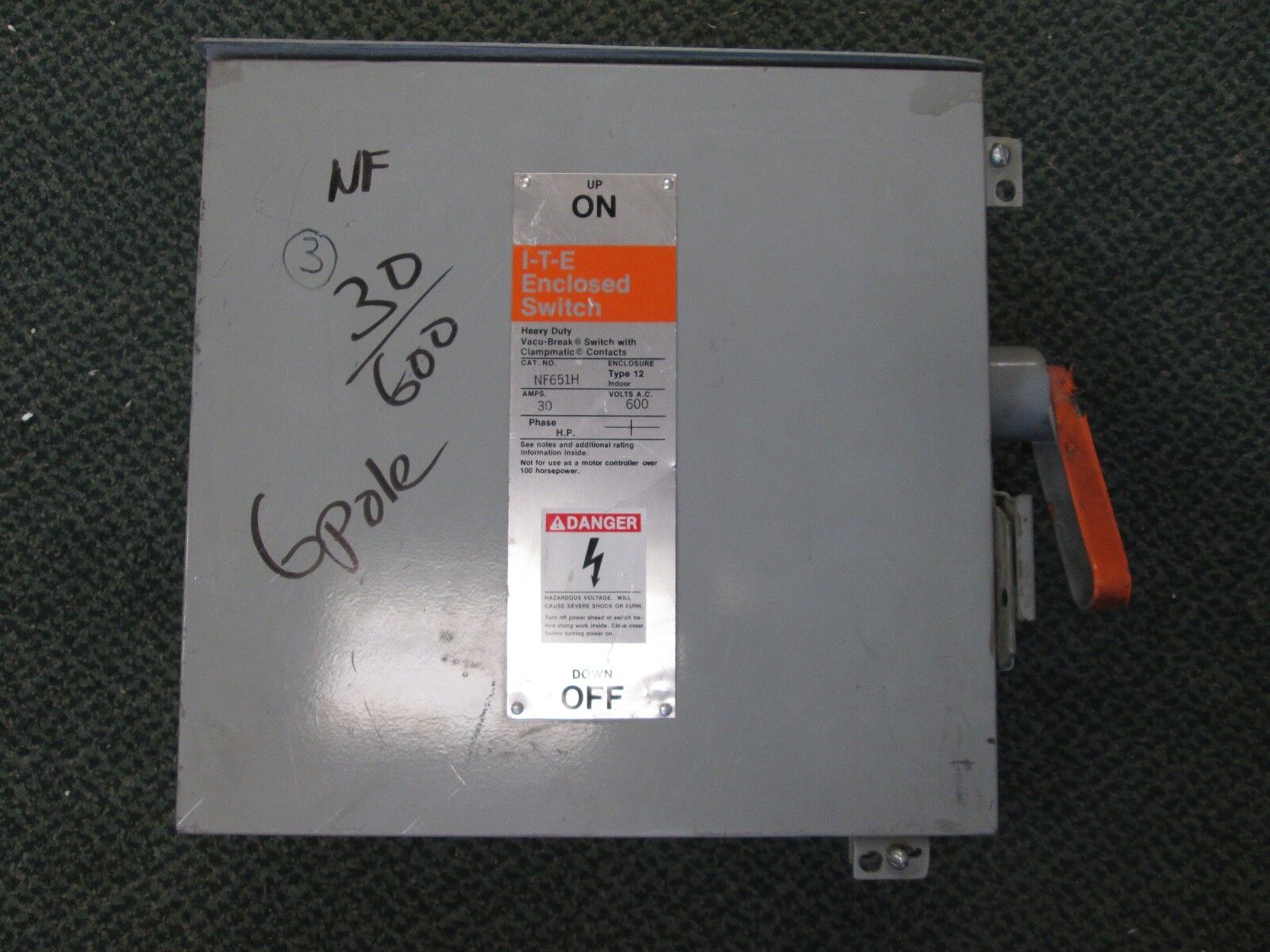 ITE 3R Non-fusible Safety Switch NF651H 30A 600V 3P Nema 3R Enclosure Used